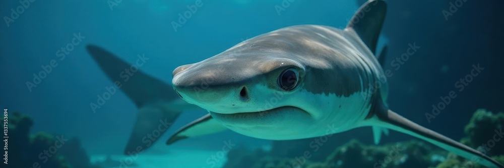 Fototapeta premium Close-up of a hammerhead shark, showing detail of skin texture and eyes, cartoon, sea creature, wildlife photography