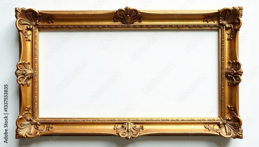 Aged gold rectangular picture frame, elaborate design Clean white backdrop , background, gold frame, embossed Aged gold rectangular picture frame, elaborate design Clean white backdrop , background, gold frame, embossed