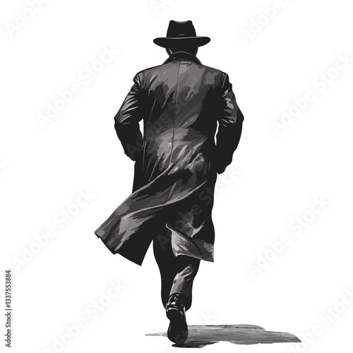 Stylish Man Walking Away in Trench Coat and Fedora - Mafia Theme