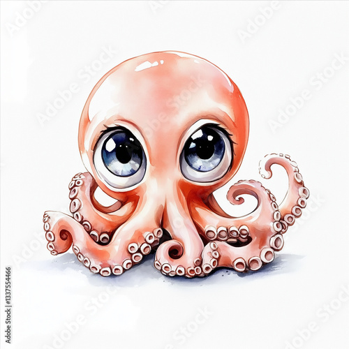 Playful watercolor baby octopus with big eyes on white background