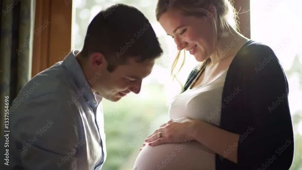 pregnant woman with her husband, Young happy couple man kiss on her wife belly video, pregnant woman, happy pregnant woman video, happy young couple, man kisses his wife belly video, ai generated