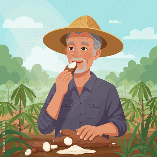 Farmer Eating Cassava Root in Field During Harvest Time Illustration