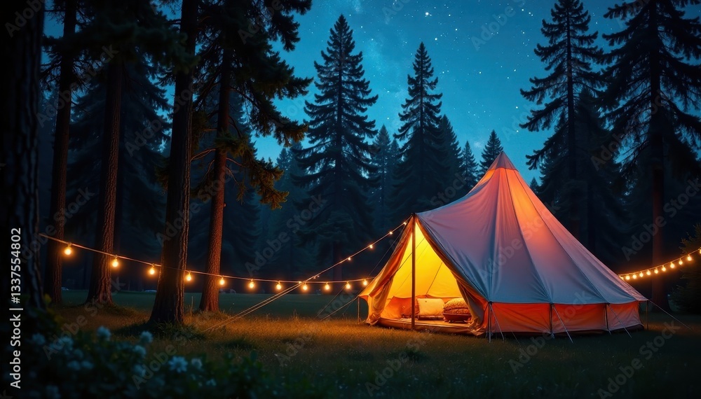 Glimmering fairy lights drape a canvas tent nestled amongst towering pines , woods, illuminated Glimmering fairy lights drape a canvas tent nestled amongst towering pines , woods, illuminated