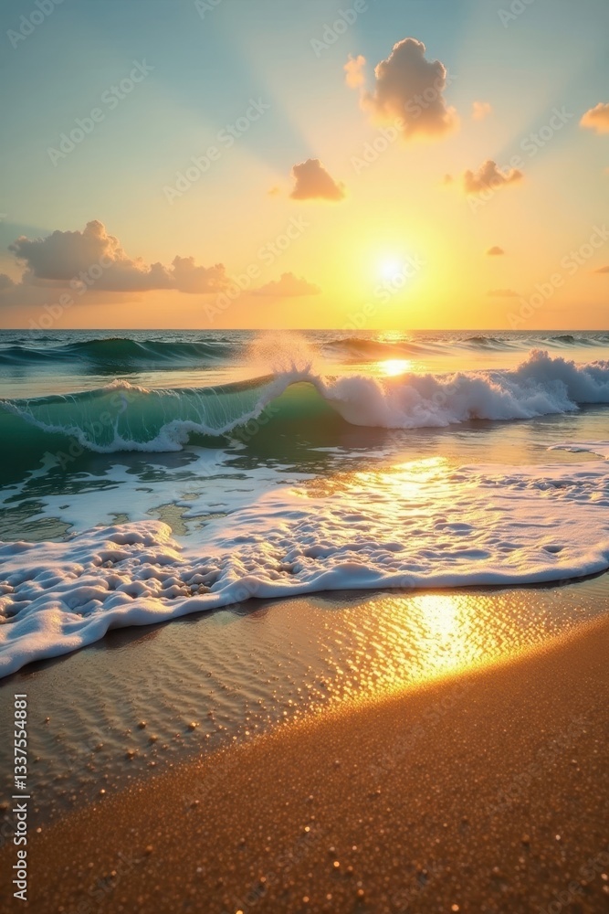 Obraz premium Golden hour sun paints waves breaking on a pristine sandy beach , coastal, peaceful, beauty