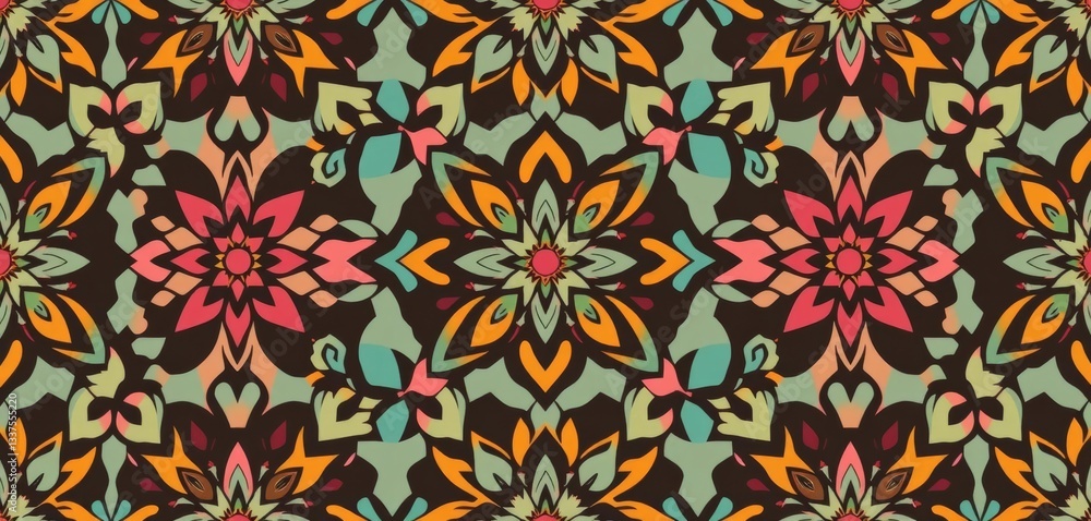 Intricate Moroccan-inspired floral pattern with abstract shapes, seamless tile design in vector format, illustration, gold