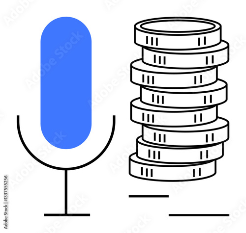 Microphone beside stacked coins conveys earning potential in audio content creation and voice services. Ideal for media, podcasting, monetization, finance, technology, creativity, innovation