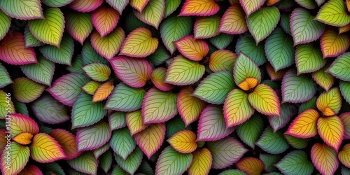 Intricate, overlapping leaves forming a lush, repeating pattern, photo, artwork