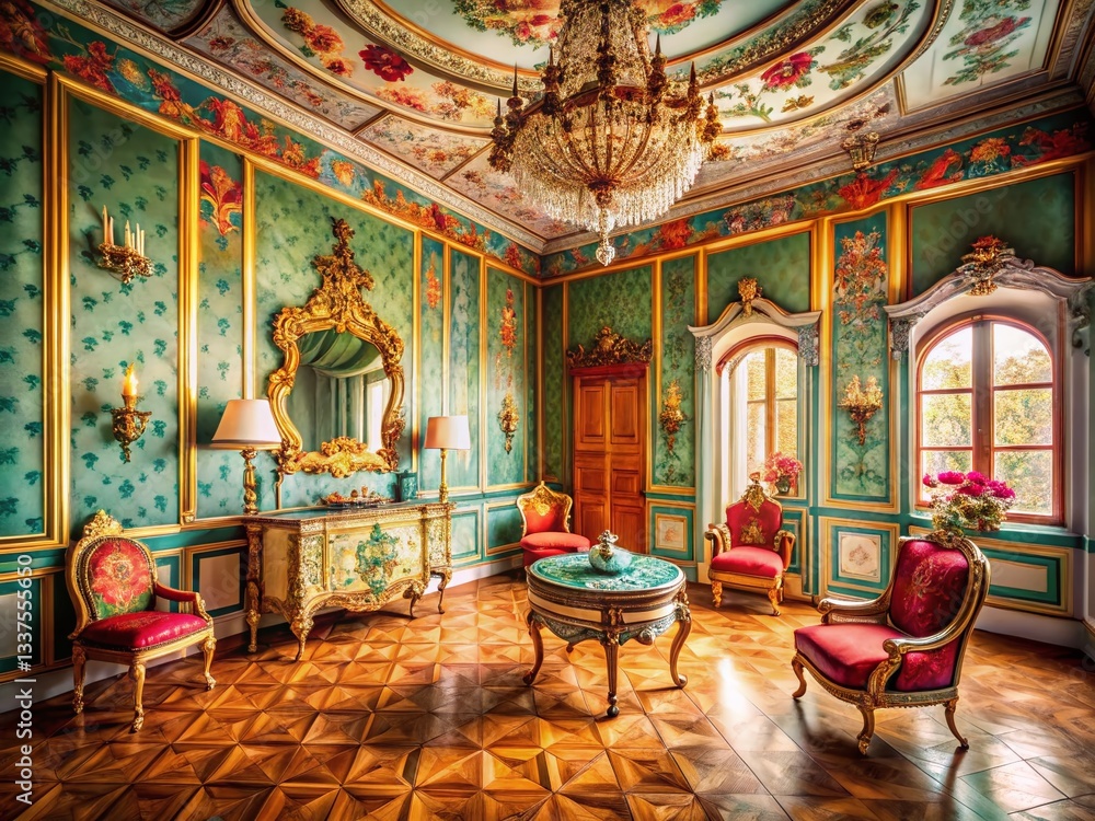 Obraz premium Aerial View Retro Rococo Room, Ornate Patterned Interior Design, Vintage Style Apartment