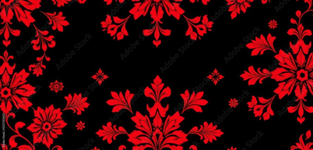 Intricate red floral damask pattern on dark background, crimson, burgundy Intricate red floral damask pattern on dark background, crimson, burgundy