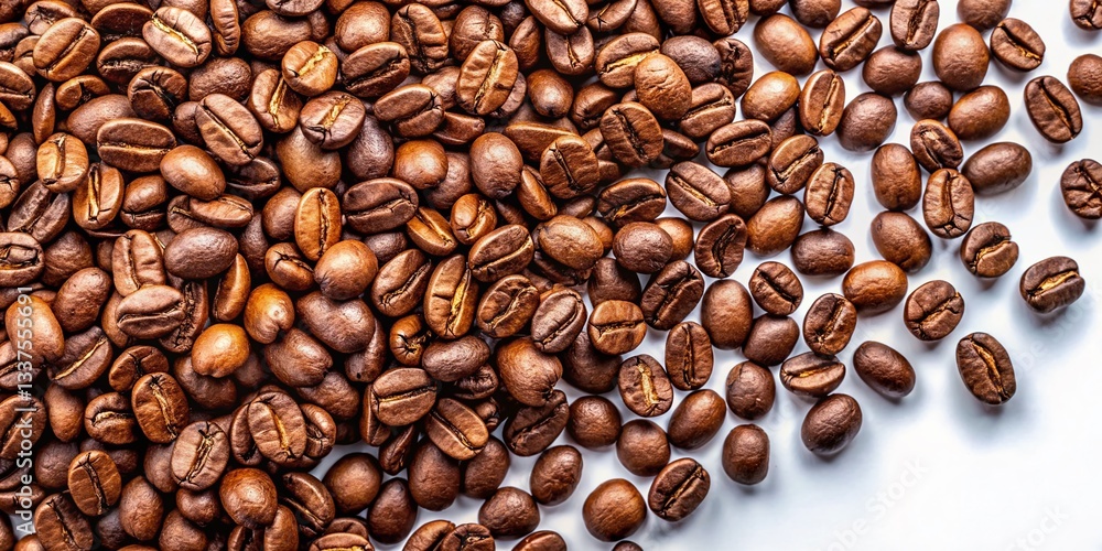 Obraz premium Aerial View Roasted Coffee Beans Scattered White Background Copy Space