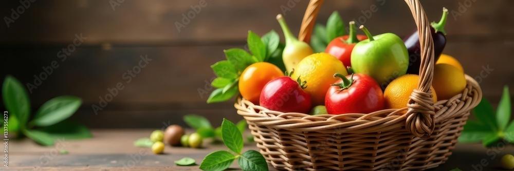 Full wicker basket of colorful fruits and vegetables , vibrant, market Full wicker basket of colorful fruits and vegetables , vibrant, market