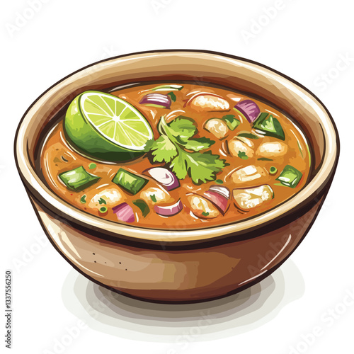 Delicious Menudo Soup with Lime and Onions Vector Illustration