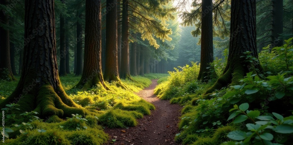 Obraz premium Narrow, mossy trail through ancient Swedish pines, wild, scenic, wilderness