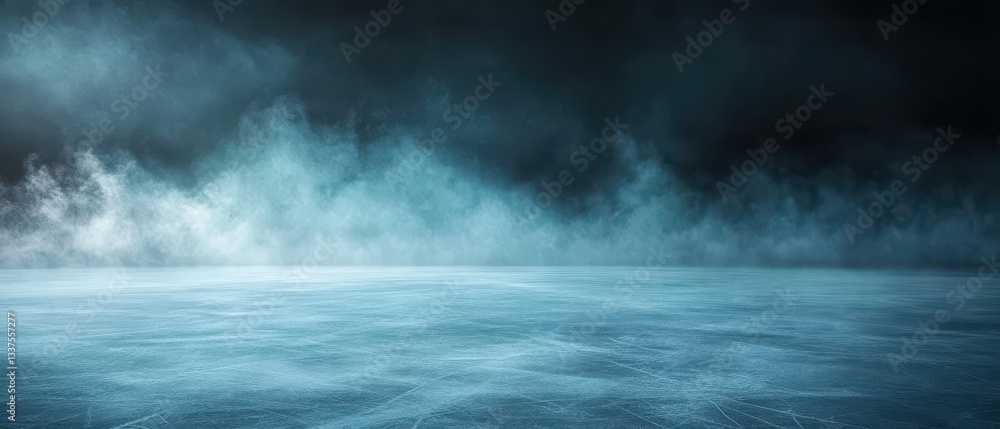 Misty ice rink surface under a moody, cloudy sky. Misty ice rink surface under a moody, cloudy sky.