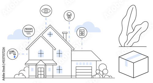 House integrated with IoT devices including lightbulb, thermostat, surveillance, faucet, and washing machine. Ideal for technology, home improvement, green energy, convenience automation