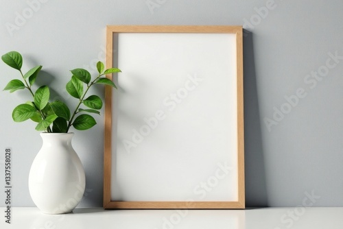 Empty landscape wood frame mockup; vase with greenery on grey wall, background, minimalist