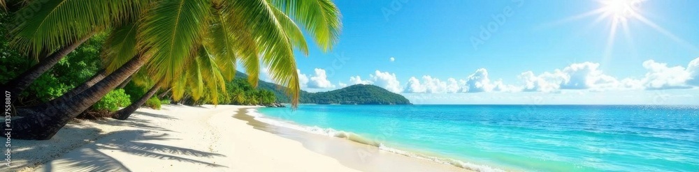 Sun-drenched beach, turquoise water, lush palms , untouched paradise, blue water Sun-drenched beach, turquoise water, lush palms , untouched paradise, blue water
