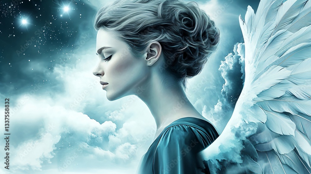 Fototapeta premium Woman as celestial angel with white wings in starry night sky. Ethereal fantasy portrait. Spiritual and divine concept