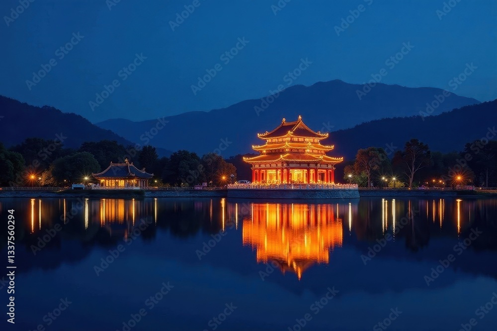 Fototapeta premium Night view, illuminated Fujian Museum reflected in West Lake, Fuzhou , landmark, serene, view