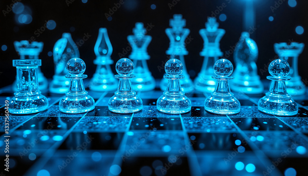 Glowing chess pieces on illuminated board Glowing chess pieces on illuminated board