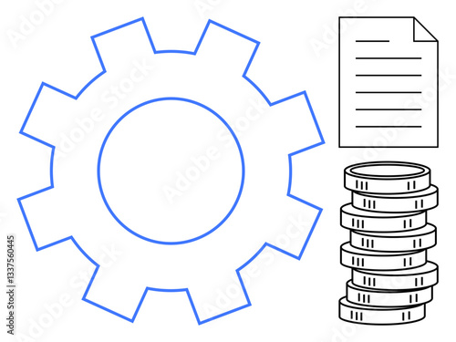 Gear beside a document and coin stack signifies financial strategy, process optimization, and organization. Ideal for business operations, finance, planning, accounting, management, productivity