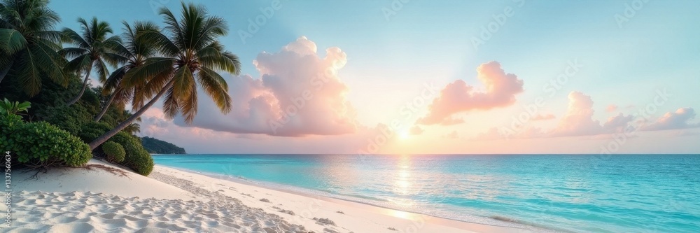 Obraz premium White sand, palm trees silhouette, distant island, palm trees, landscape
