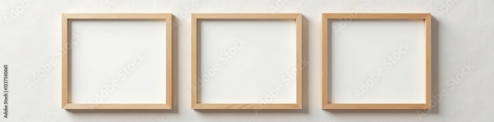 Obraz premium Three simple light brown wooden picture frames, neatly arranged on a textured wall , wood frame, simple, interior
