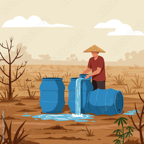 Pouring Water Into Barrels in Dry Landscape with Minimal Trees