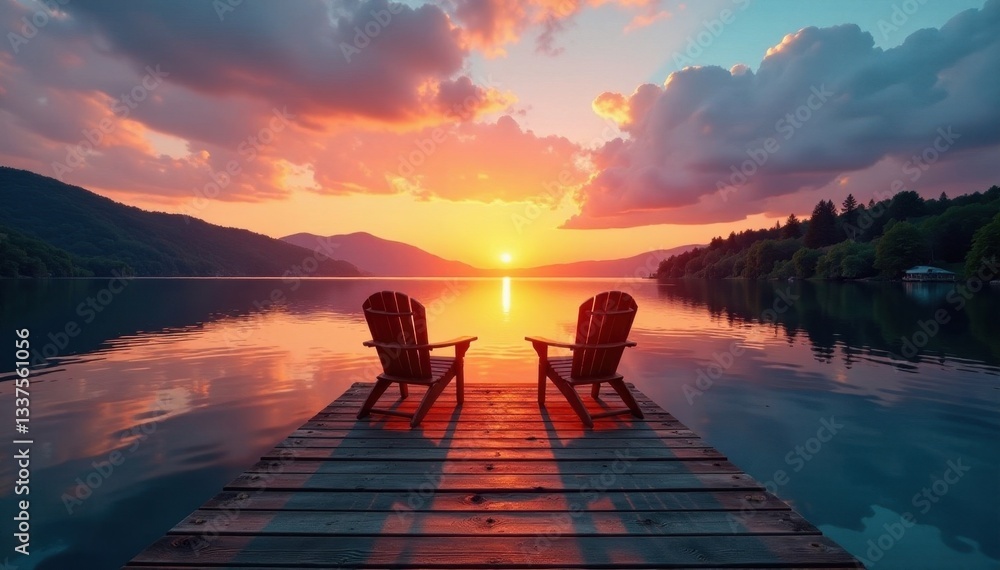 Fototapeta premium Sunset lake view from wooden pier, two chairs , escape, pier