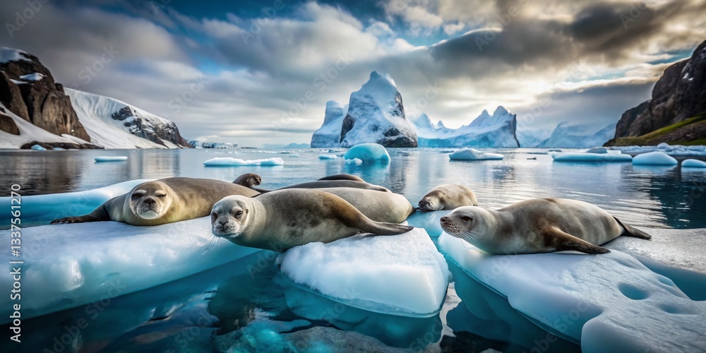 Fototapeta premium Antarctic Peninsula Ice Floe: Seals & Dramatic Landscape