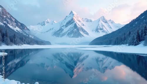 Wallpaper Mural Serene snow-capped mountains mirrored in a frozen lake , stillness, snow, outdoor Torontodigital.ca