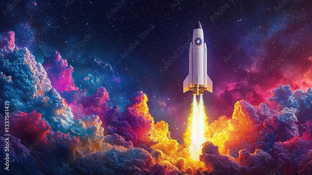 Fototapeta premium Rocket launching through vibrant nebula clouds.