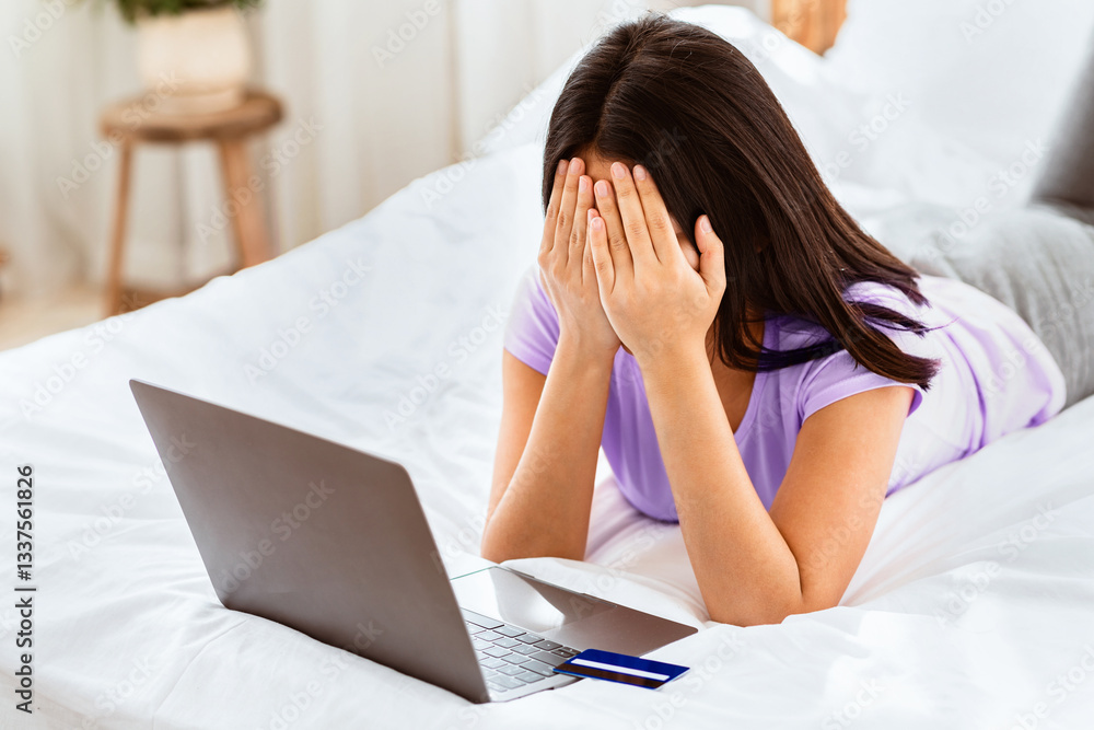 No Money For Living. Desperate Woman Crying Having No Finances On Credt Card For Online Shopping At Home. No Money For Living. Desperate Woman Crying Having No Finances On Credt Card For Online Shopping At Home.