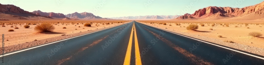 Fototapeta premium Worn asphalt ribbon bisects barren desert expanse, shadows stretch long , desolate, barren