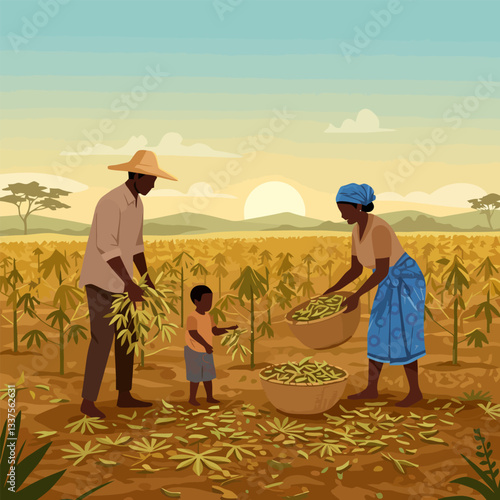 Harvesting Crops at Sunrise Farming Family Working in Rural Landscape