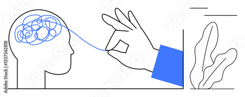 Human head with tangled lines as a brain being untangled by hand, symbolizing clarity and resolution. Ideal for mental health, problem-solving, mindfulness, creativity, innovation, counseling, flat