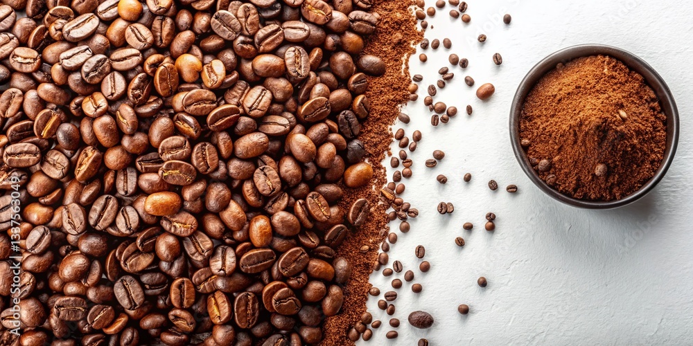 Obraz premium Aromatic Coffee Beans & Ground Coffee Flat Lay: Perfect for Cafe Menu or Blog Post