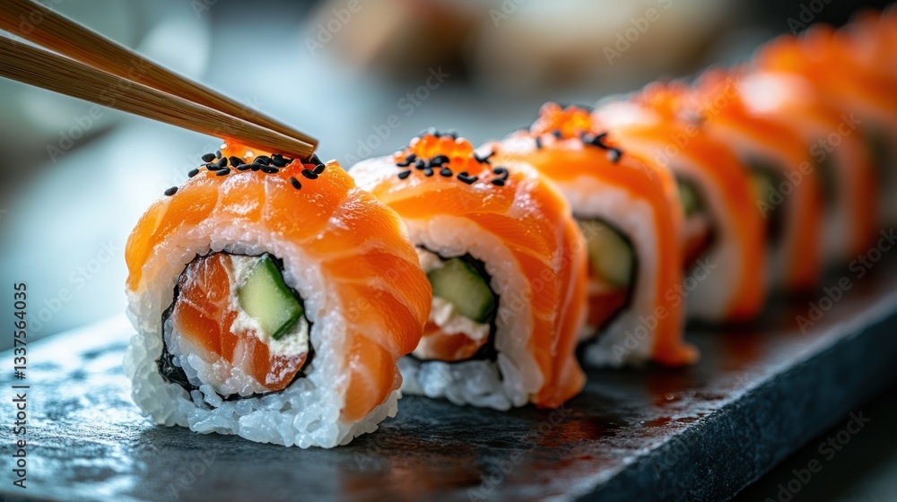 Fresh salmon sushi rolls with chopsticks (1) Fresh salmon sushi rolls with chopsticks (1)