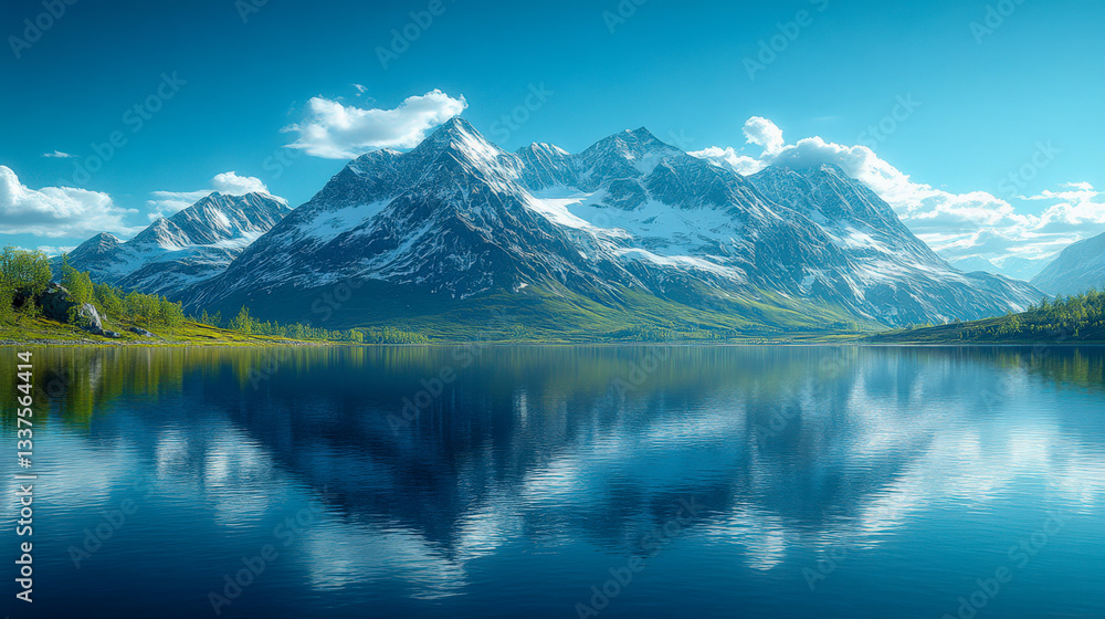 Perfectly symmetrical reflection of majestic mountains in a serene lake under a clear blue sky Perfectly symmetrical reflection of majestic mountains in a serene lake under a clear blue sky