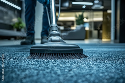 Person using vacuum cleaner cleaning carpet in a modern building