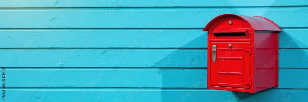 Bright red mailbox on a faded blue plank wall , building, style Bright red mailbox on a faded blue plank wall , building, style