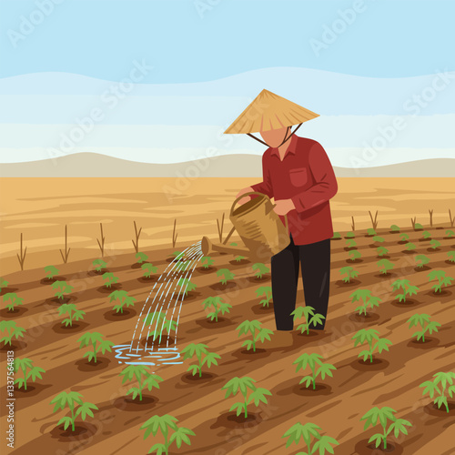 Farmer Watering Young Plants in Field with Traditional Asian Hat