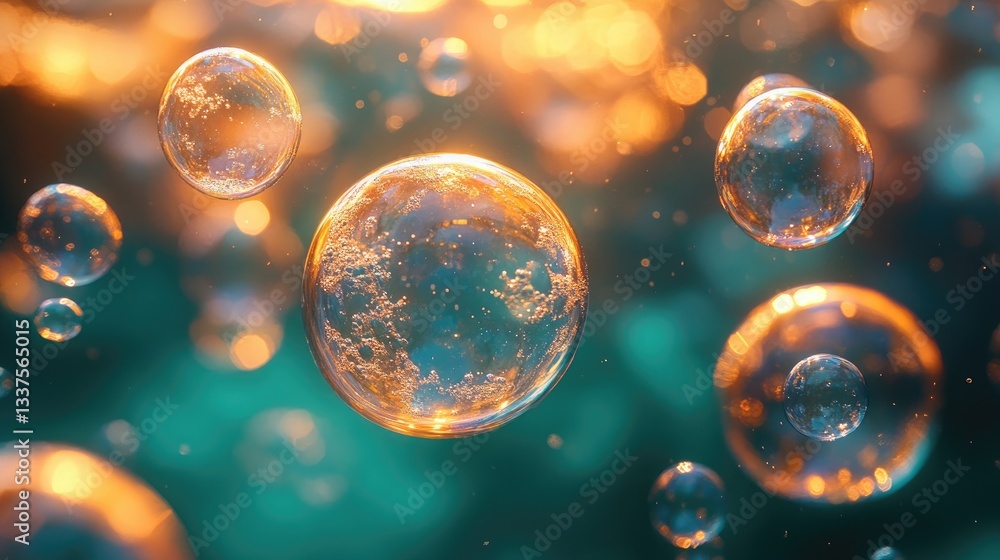 Fototapeta premium Floating, golden bubbles in teal and amber light