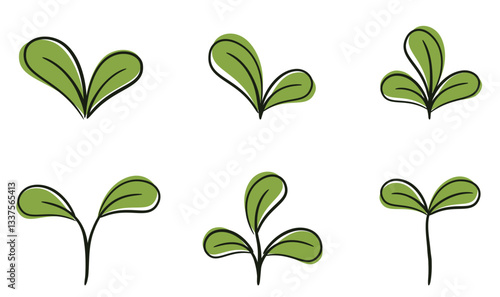 Sprout with rounded leaves set. Seedling and planting design elements. Isolated vector images