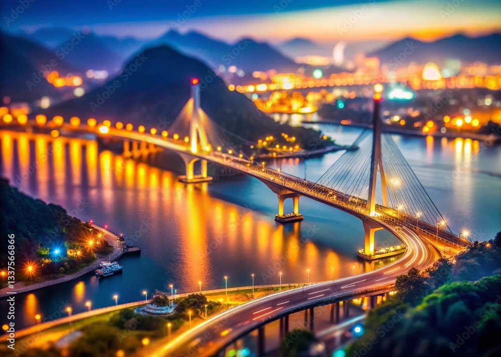 Fototapeta premium Bai Chay Bridge Night Lights: Hon Gai & Bai Chay Peninsula Connection in Ha Long Bay, Vietnam