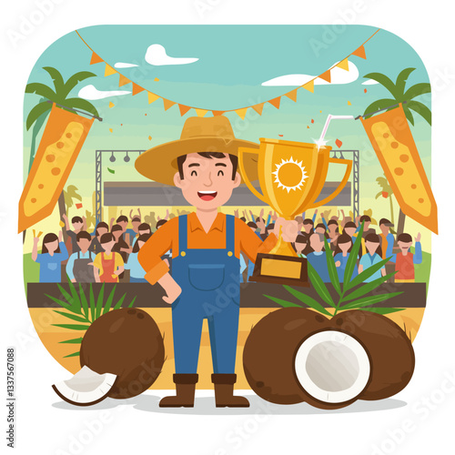 Farmer Holding Trophy Celebrating a Successful Coconut Harvest Festival