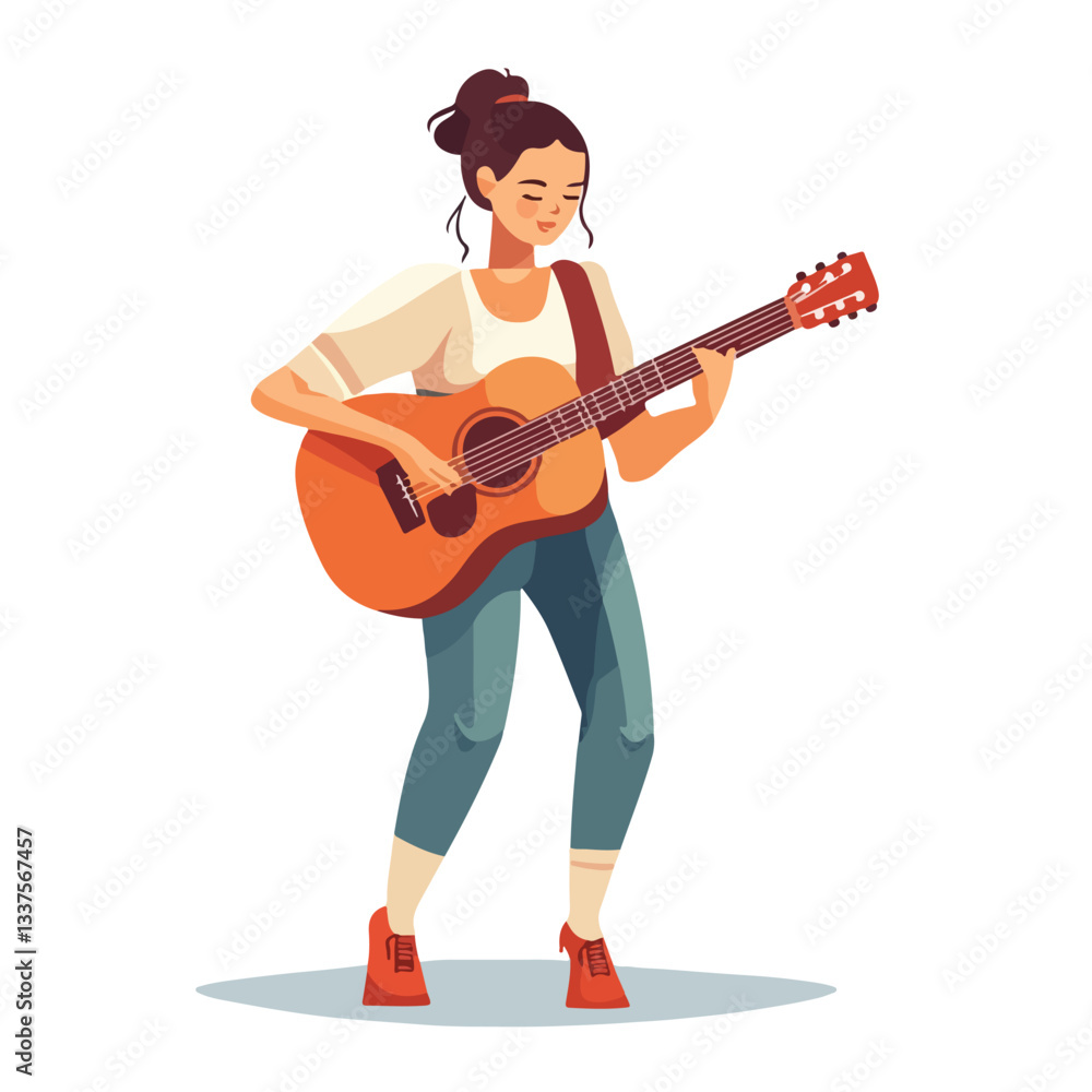 Obraz premium Talented Female Musician Playing Acoustic Guitar Vector Illustration