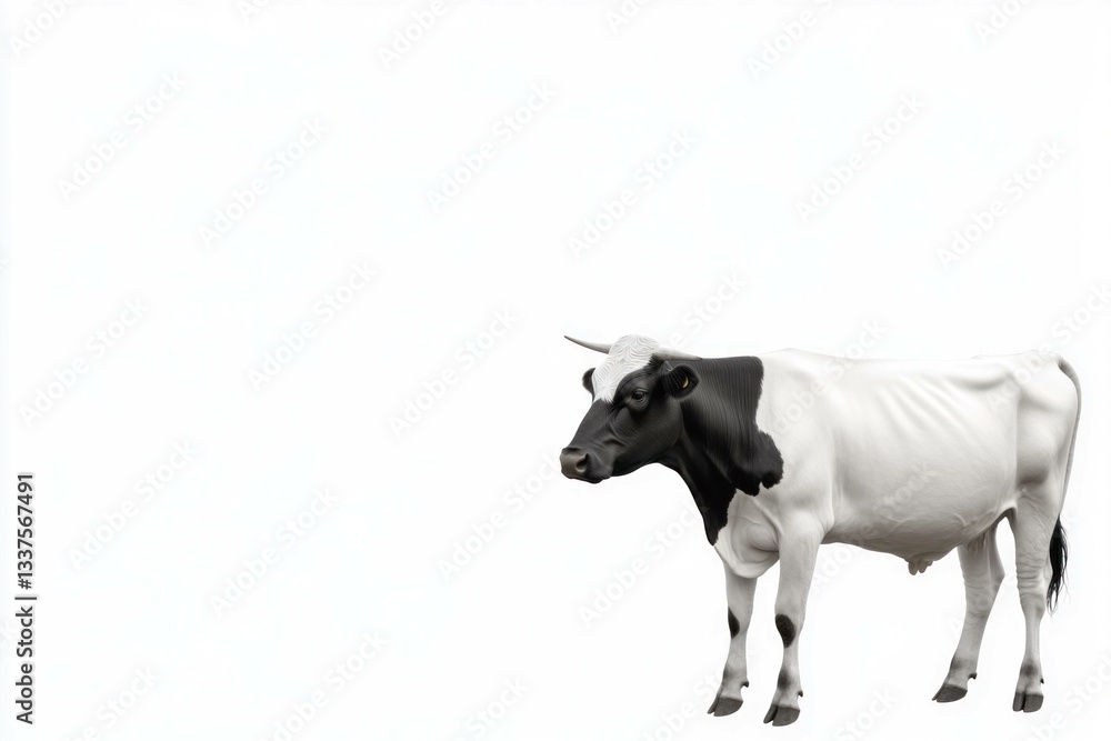 Black and white dairy cow standing on a plain white background, representing farm life, agriculture, and animal husbandry in a minimalist style Black and white dairy cow standing on a plain white background, representing farm life, agriculture, and animal husbandry in a minimalist style
