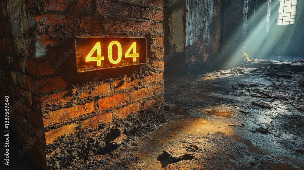 Naklejka premium Shadow play in an abandoned location revealing the number 404 on a weathered wall in soft light