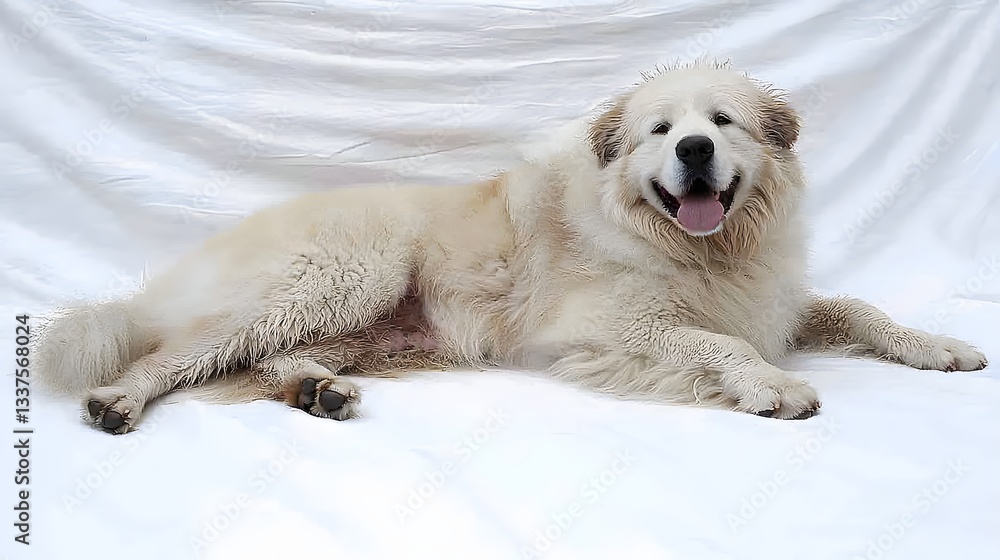 Fluffy, Happy White Dog Relaxing on Soft White Surface with Joyful Expression Fluffy, Happy White Dog Relaxing on Soft White Surface with Joyful Expression